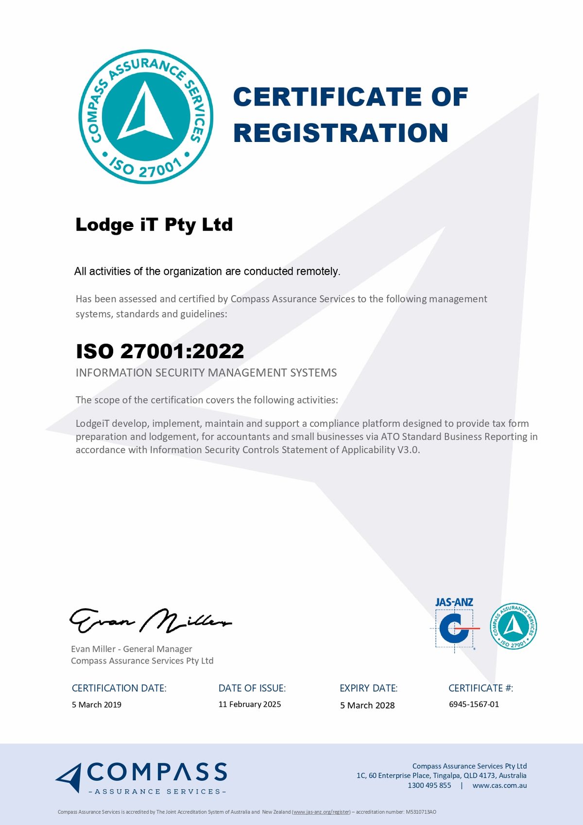 Lodge iT Pty Ltd ISO 27001:2022 certificate of registration issued by Compass Assurance Services