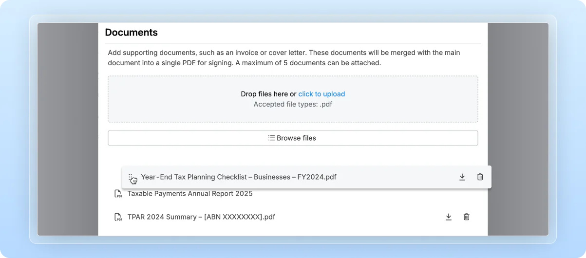 Attach documents to e-sign