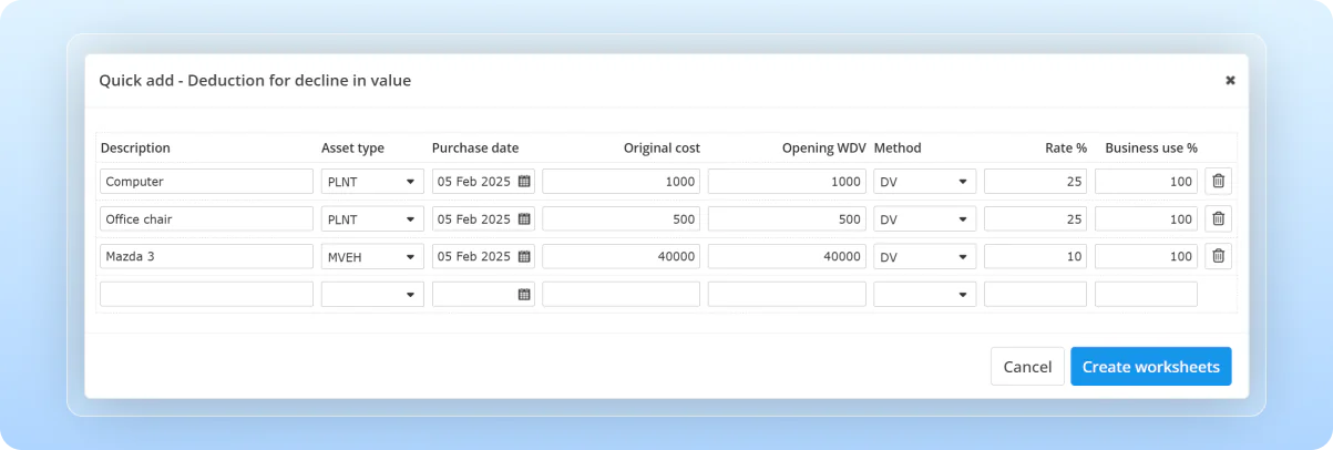 Quick asset entry