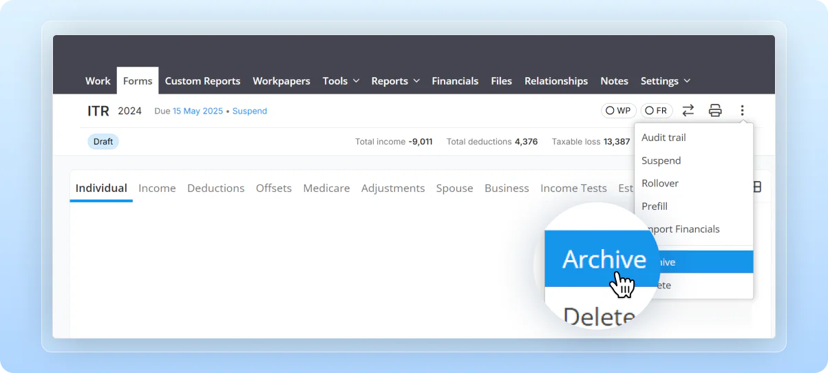 Archive forms, reports & workpapers