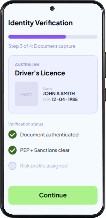 Identity verification on a client’s phone: document authenticated, PEP and sanctions clear
